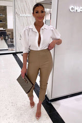 Stone Split Front Faux Leather Skinny Trouser - Meya-Trousers