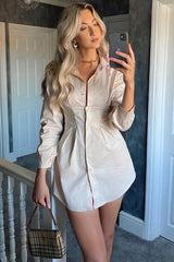 Stone Tailored Waist Long Sleeve Shirt Dress - Laritza-Dresses