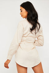Stone Tailored Waist Long Sleeve Shirt Dress - Laritza-Dresses