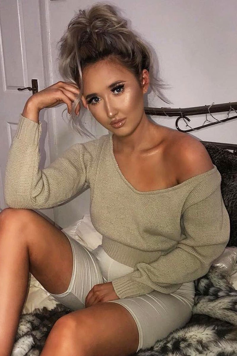 Stone V Neck Off Shoulder Knitted Cropped Jumper - Kirby-Crop Jumper