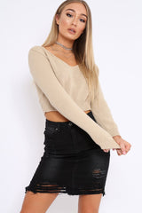 Stone V Neck Off Shoulder Knitted Cropped Jumper - Kirby-Crop Jumper