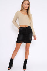 Stone V Neck Off Shoulder Knitted Cropped Jumper - Kirby-Crop Jumper