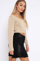 Stone V Neck Off Shoulder Knitted Cropped Jumper - Kirby-Crop Jumper