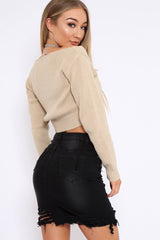 Stone V Neck Off Shoulder Knitted Cropped Jumper - Kirby-Crop Jumper