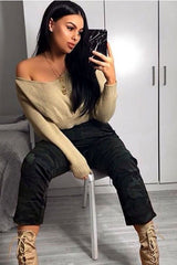 Stone V Neck Off Shoulder Knitted Cropped Jumper - Kirby-Crop Jumper