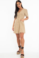 Stone Woven Plunge Button Front Mini Dress - Alyx-Dresses