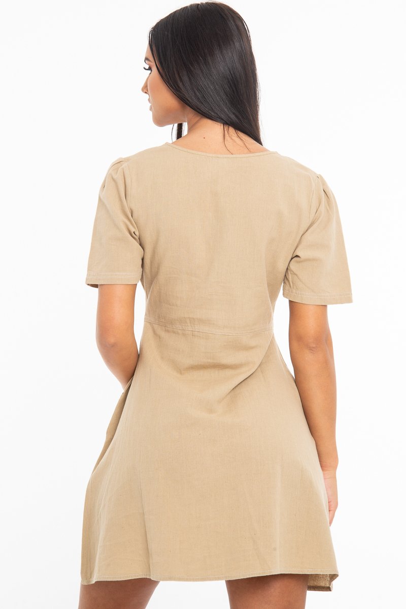 Stone Woven Plunge Button Front Mini Dress - Alyx-Dresses