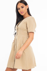 Stone Woven Plunge Button Front Mini Dress - Alyx-Dresses