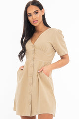 Stone Woven Plunge Button Front Mini Dress - Alyx-Dresses