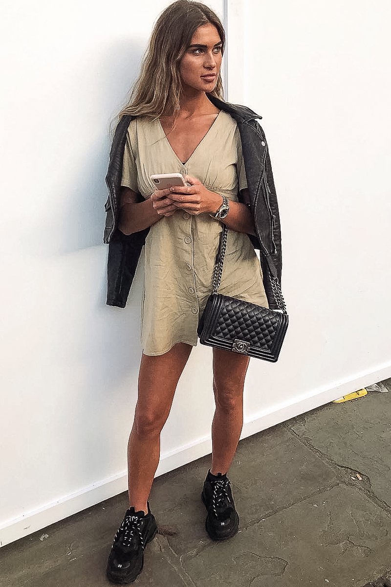 Stone Woven Plunge Button Front Mini Dress - Alyx-Dresses