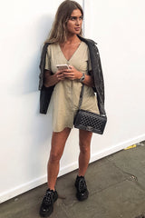 Stone Woven Plunge Button Front Mini Dress - Alyx-Dresses