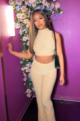Stone High Neck Crop Top & Flare Pants Set - Dailyn