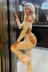 Stone Slinky Bardot Crop Top & Lace Up Trouser Set - Shay