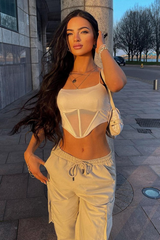 Stone Mesh Panel Corset Crop Top - Fern