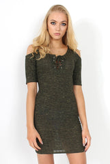 Suzie Khaki Tie Up Cut Out Shoulder-Dresses