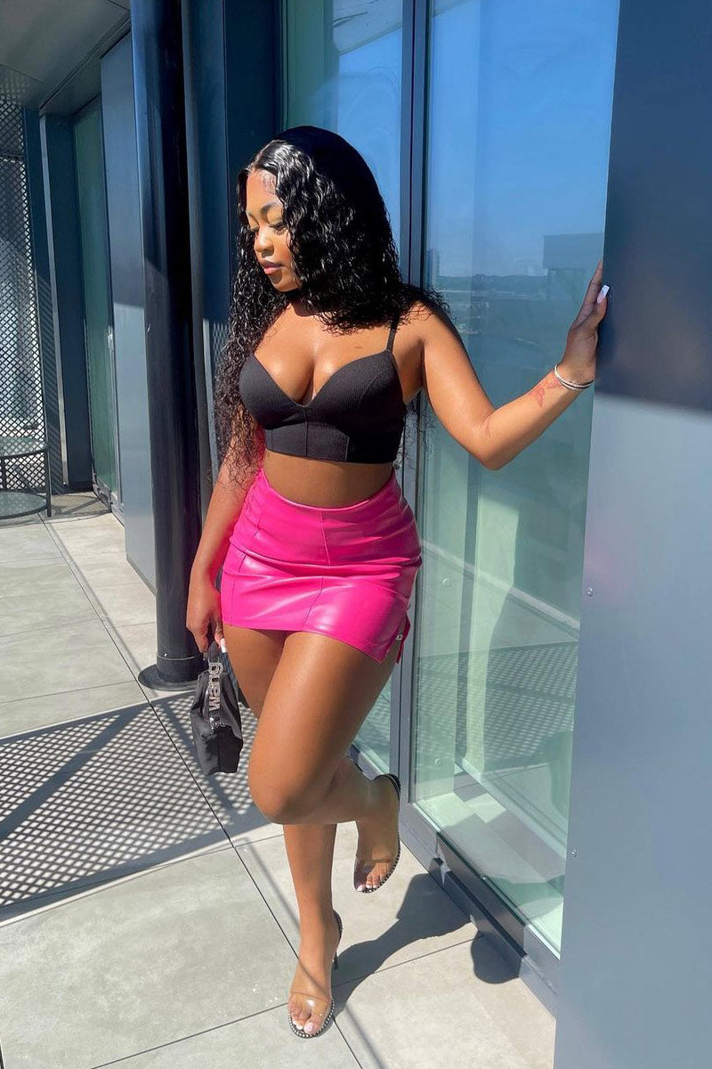 Hot Pink Slide Split Embellished PU Mini Skirt - Tanni