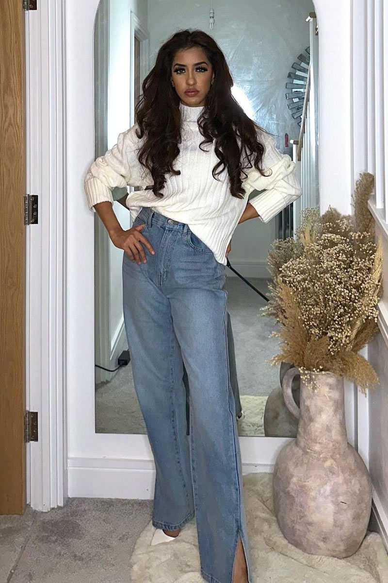 Mid Wash Straight Leg Side Split Hem Jeans - Tashi