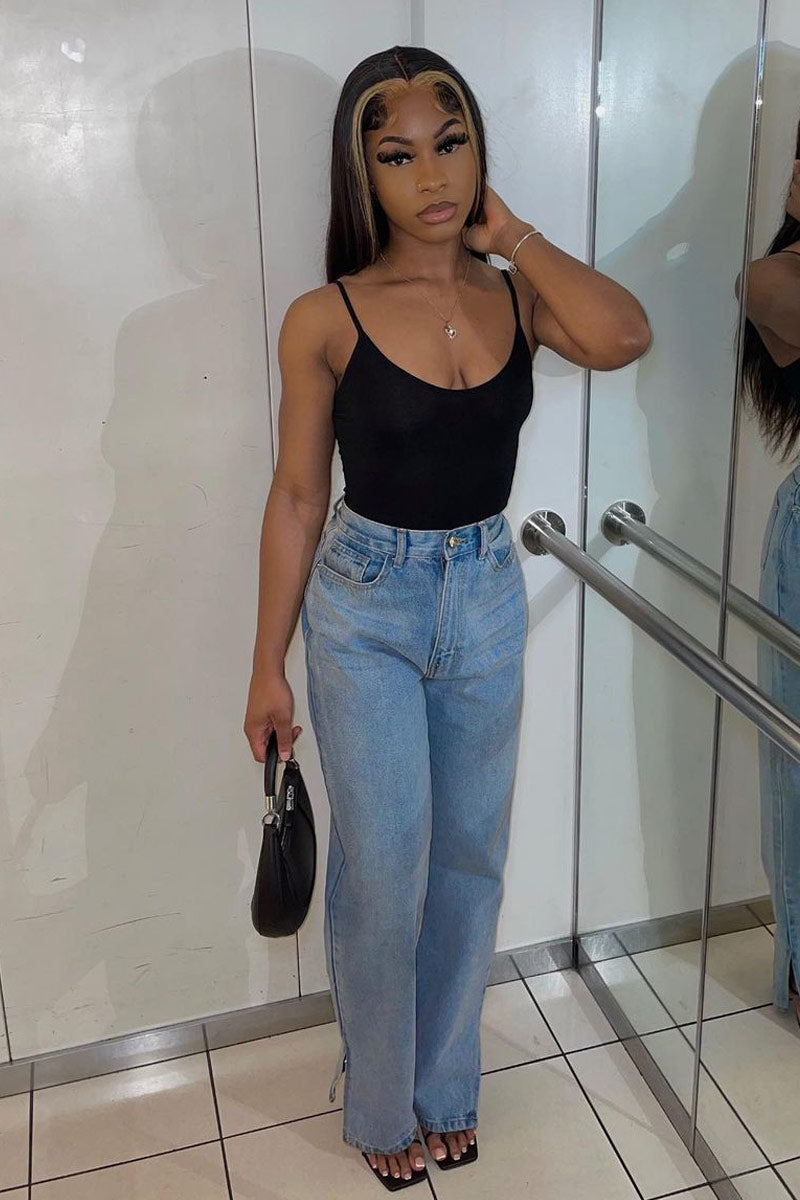 Mid Wash Straight Leg Side Split Hem Jeans - Tashi