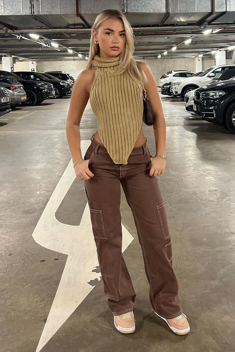 Beige Knit Turtle Neck Asymmetric Crop Top - Tatum