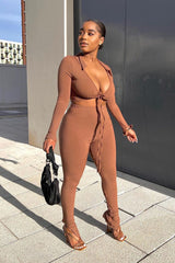 Chocolate Rib Wrap Over Crop Top & Legging Set - Trista