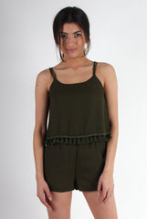 Tammy Khaki Tassle Playsuit-Playsuits