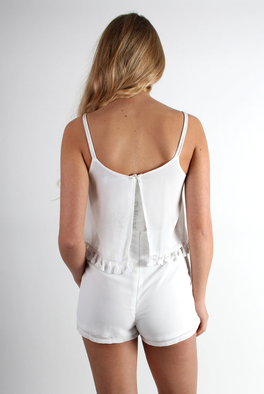 Tammy White Tassel Playsuit-Playsuits