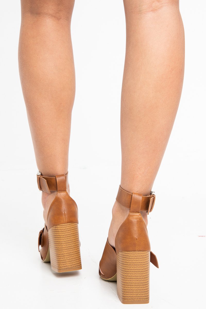 Tan Buckle Block Heels - Cadie-Heels