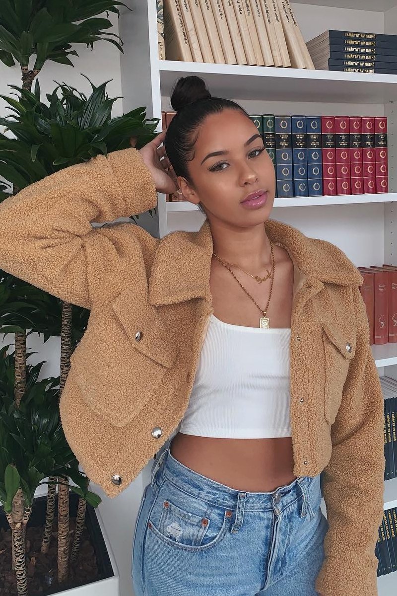 Tan Cropped Borg Trucker Jacket - Aarohi-Jackets
