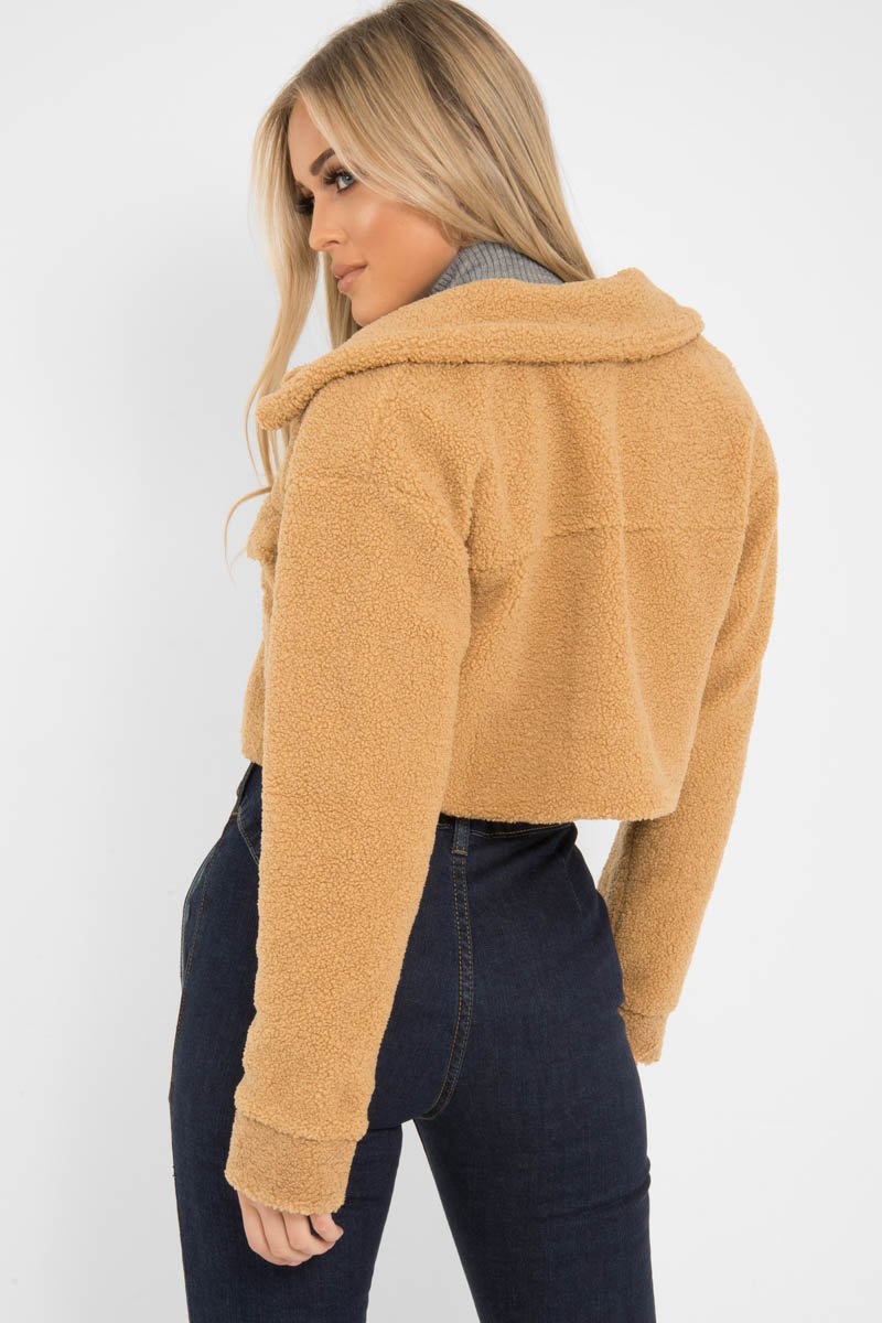 Tan Cropped Borg Trucker Jacket - Aarohi-Jackets
