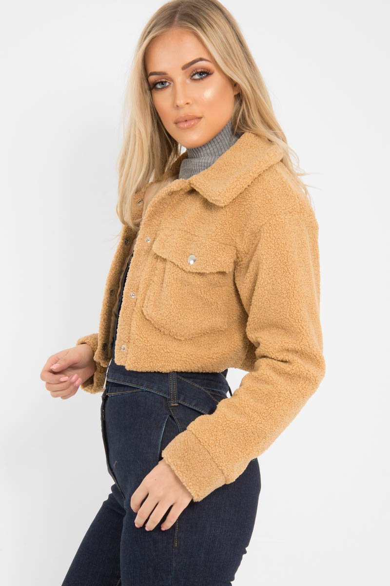 Tan Cropped Borg Trucker Jacket - Aarohi-Jackets