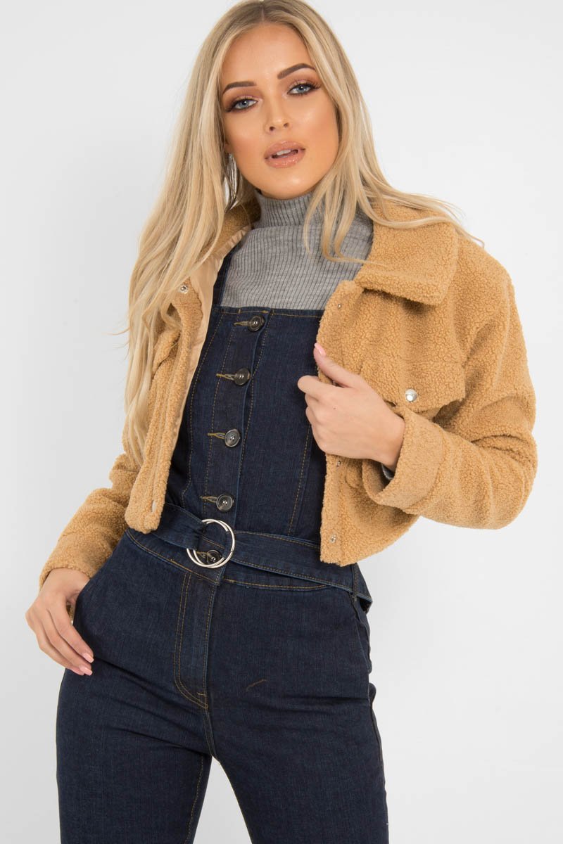 Tan Cropped Borg Trucker Jacket - Aarohi-Jackets
