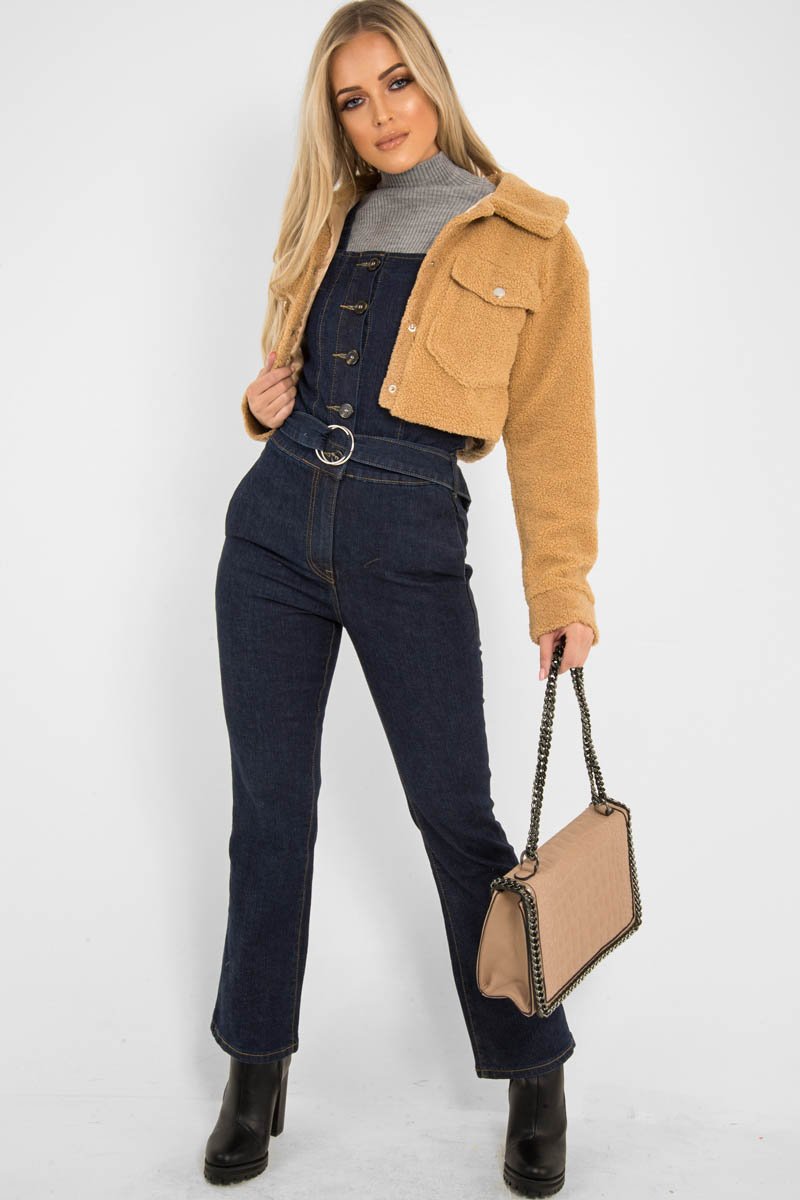 Tan Cropped Borg Trucker Jacket - Aarohi-Jackets