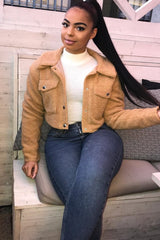 Tan Cropped Borg Trucker Jacket - Aarohi-Jackets