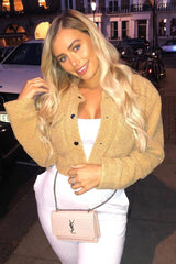 Tan Cropped Borg Trucker Jacket - Aarohi-Jackets