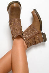 Tan Embellished Buckle Detail Boots - Kayson-Boots