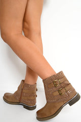 Tan Embellished Buckle Detail Boots - Kayson-Boots