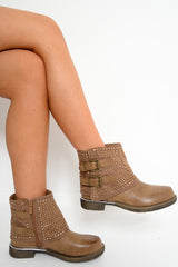 Tan Embellished Buckle Detail Boots - Kayson-Boots