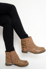 Tan Embellished Buckle Detail Boots - Kayson-Boots