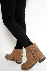 Tan Embellished Buckle Detail Boots - Kayson-Boots
