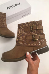 Tan Embellished Buckle Detail Boots - Kayson-Boots
