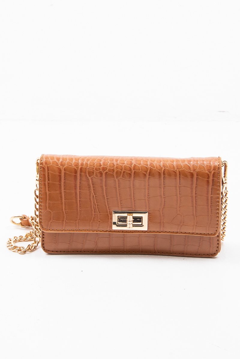Tan Faux Croc Clasp Front Belt Body Bag - Dondi-Bags