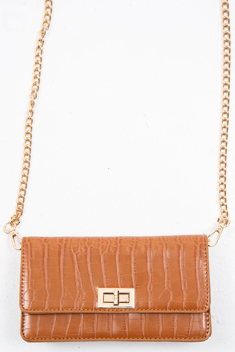 Tan Faux Croc Clasp Front Belt Body Bag - Dondi-Bags