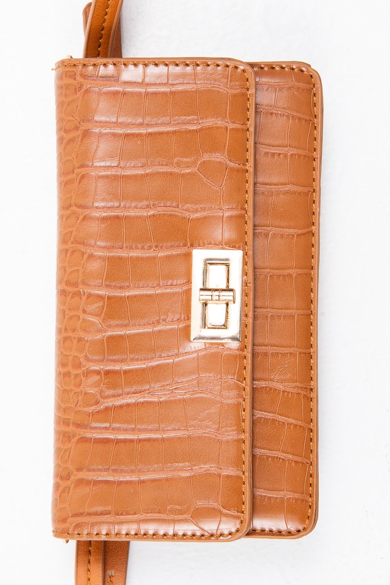 Tan Faux Croc Clasp Front Belt Body Bag - Dondi-Bags