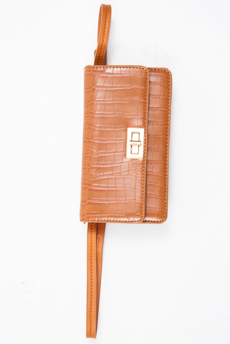 Tan Faux Croc Clasp Front Belt Body Bag - Dondi-Bags