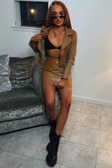 Tan Faux Leather Crop Zip Front Jacket - Deniya-Jackets