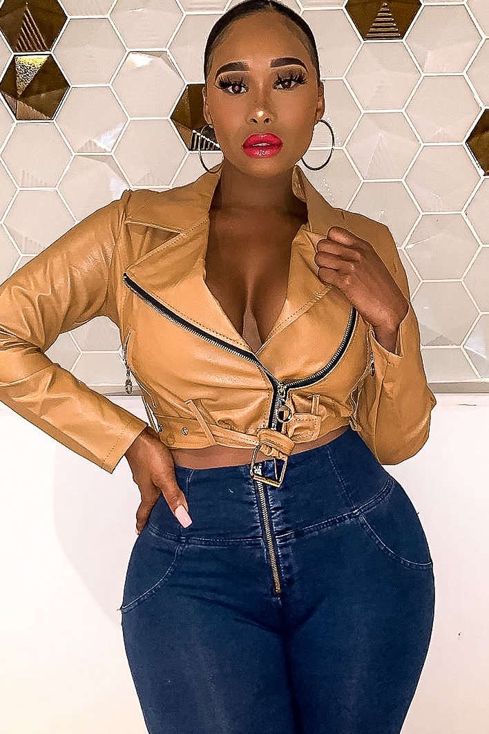 Tan Faux Leather Crop Zip Front Jacket - Deniya-Jackets