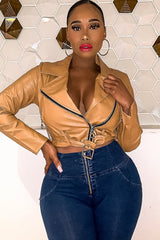 Tan Faux Leather Crop Zip Front Jacket - Deniya-Jackets