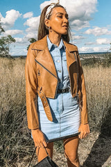 Tan Faux Leather Crop Zip Front Jacket - Deniya-Jackets