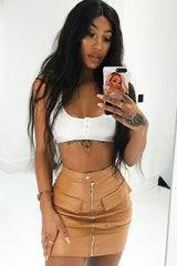 Tan Faux Leather Zip Front Utility Pocket Skirt - Paeyton-Skirts