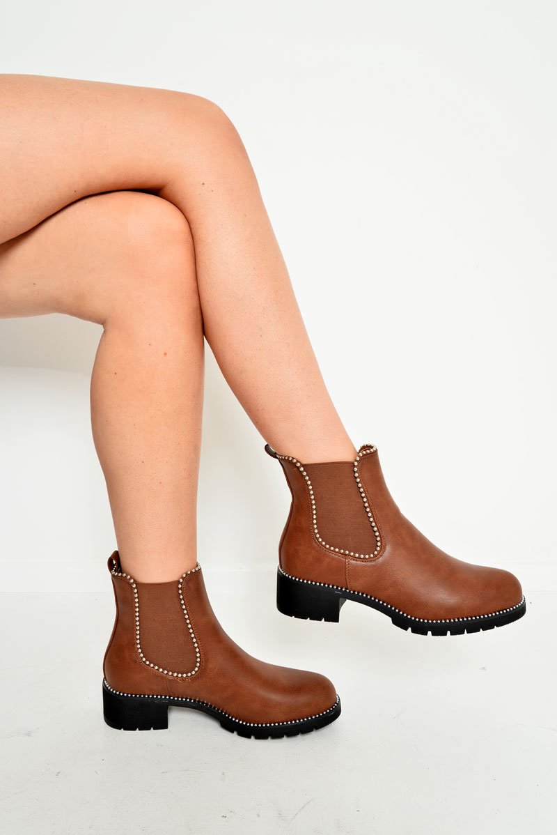Tan Faux Suede Stud Trim Chelsea Boots - Spencer-Boots